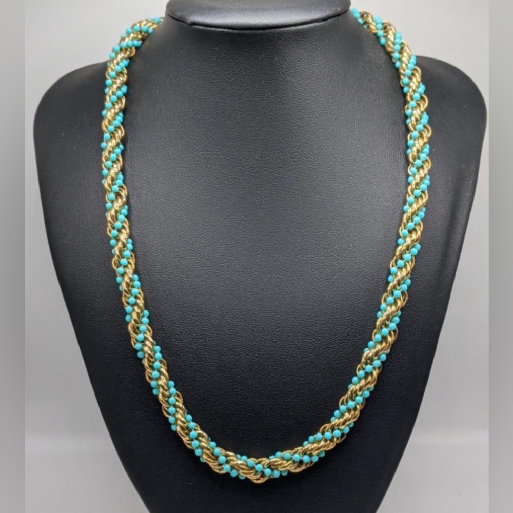 Vintage Avon 1972 Gold Plated Rope Twist Necklace w/ Turquoise Beads 20” Signed
